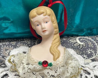 Vintage small ceramic lady bust ornament with lace