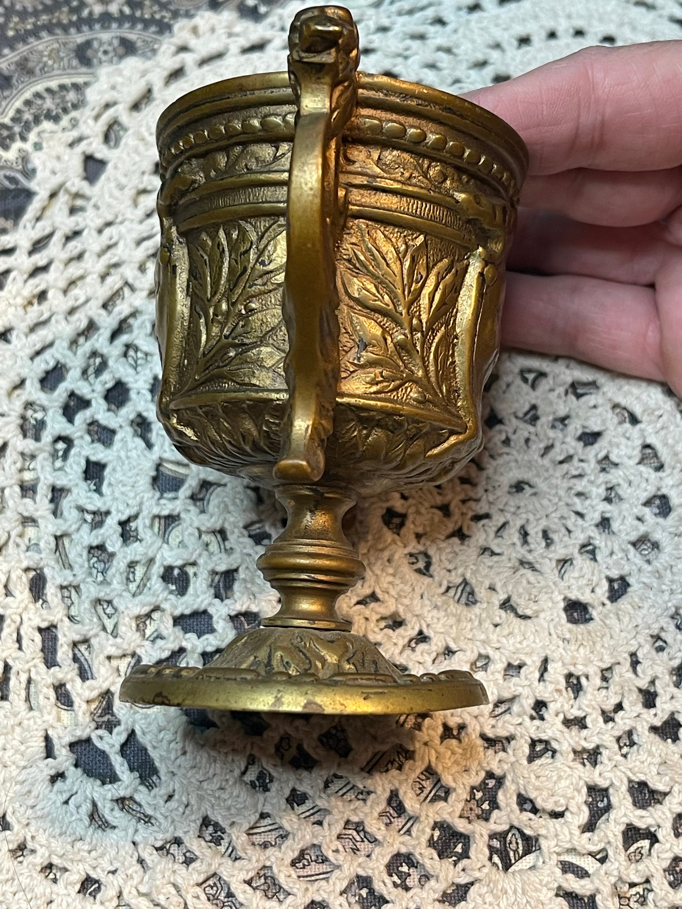 Antique Small Heavy Ornate Brass Trophy Cup With Handles