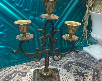 Vintage small but heavy ornate brass candelabra- aged