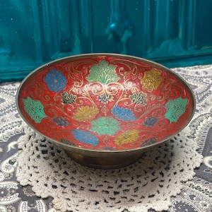 Vintage small footed enameled brass  bowl-dish