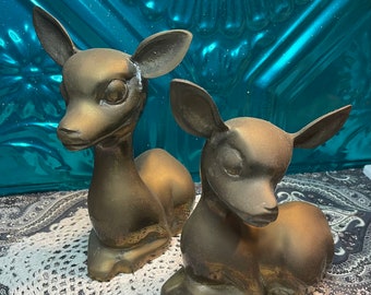 Vintage heavy brass deer- set of 2 - aged