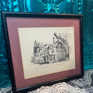Vintage framed matted drawing or signed print of drawing - building in Ohio