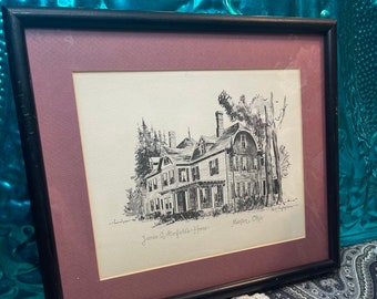 Vintage framed matted drawing or signed print of drawing - building in Ohio
