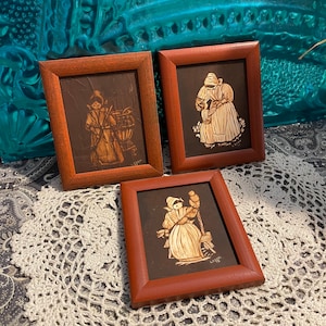 Vintage small wood framed original  folk art paintings - set of 3 - aged