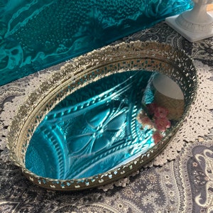 Vintage mirrored ornate Filigree metal vanity tray decor - aged