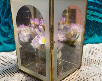 Vintage small brass glass mirrored display, curio, oddities display with faux flowers - frosted edges on glass