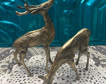 Vintage pair of small standing brass deer - aged