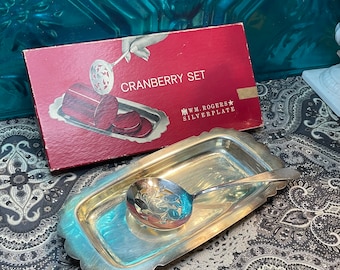 Vintage silver plated cranberry set in box - aged- plate and spoon