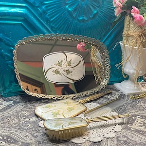 Vintage vanity set- filigree mirrored tray with painted details- hand mirror- brush - comb - aged