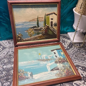 Vintage set of 2 wood framed paintings- Mediterranean landscape