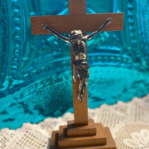 Vintage standing wood crucifix on wood base with metal Jesus - table cross- crucifix