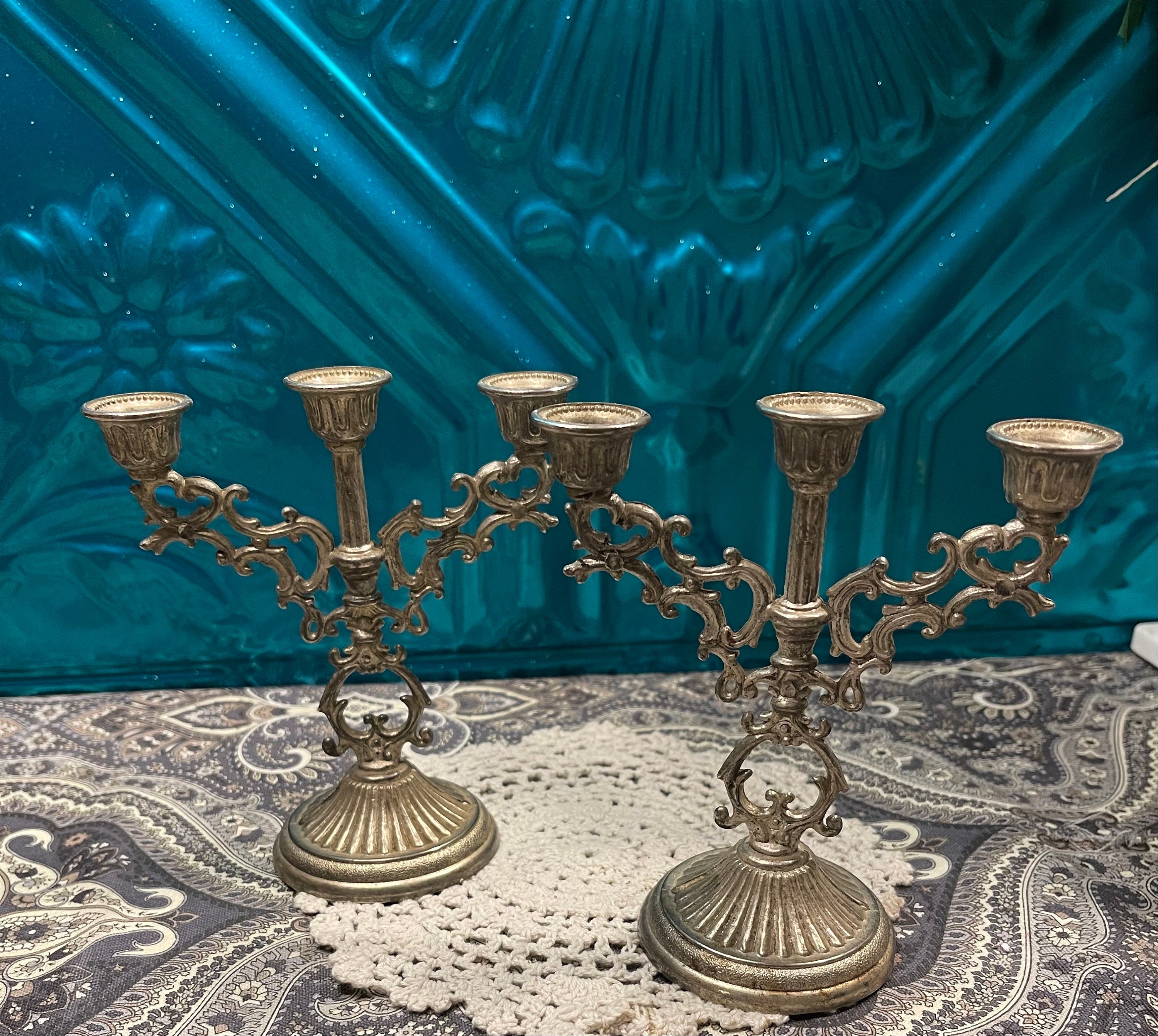 Pair of Two-Tone Brass Metal Candelabra Gothic Style Candle Holder  Centerpiece, Victorian Wedding