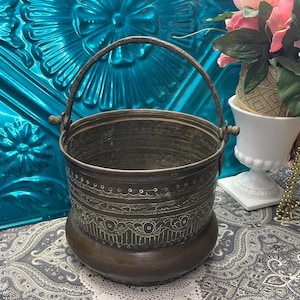 Antique or vintage copper and brass pot with handle- aged