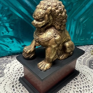 May include: A golden-colored Foo Dog statue, a symbol of protection and prosperity, sits atop a black and brown rectangular base. The statue has detailed features, including a curly mane and a fierce expression. The base is approximately 6 inches tall.