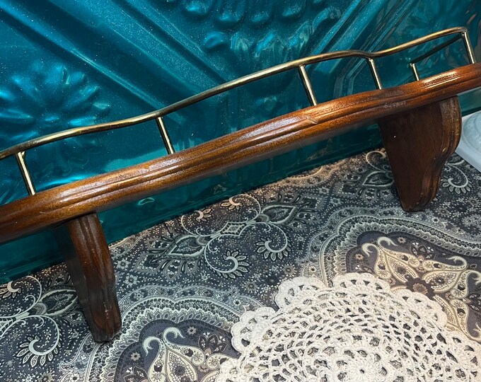 Vintage Wood Shelf With Brass or Brass Colored Metal Rail Display Wall