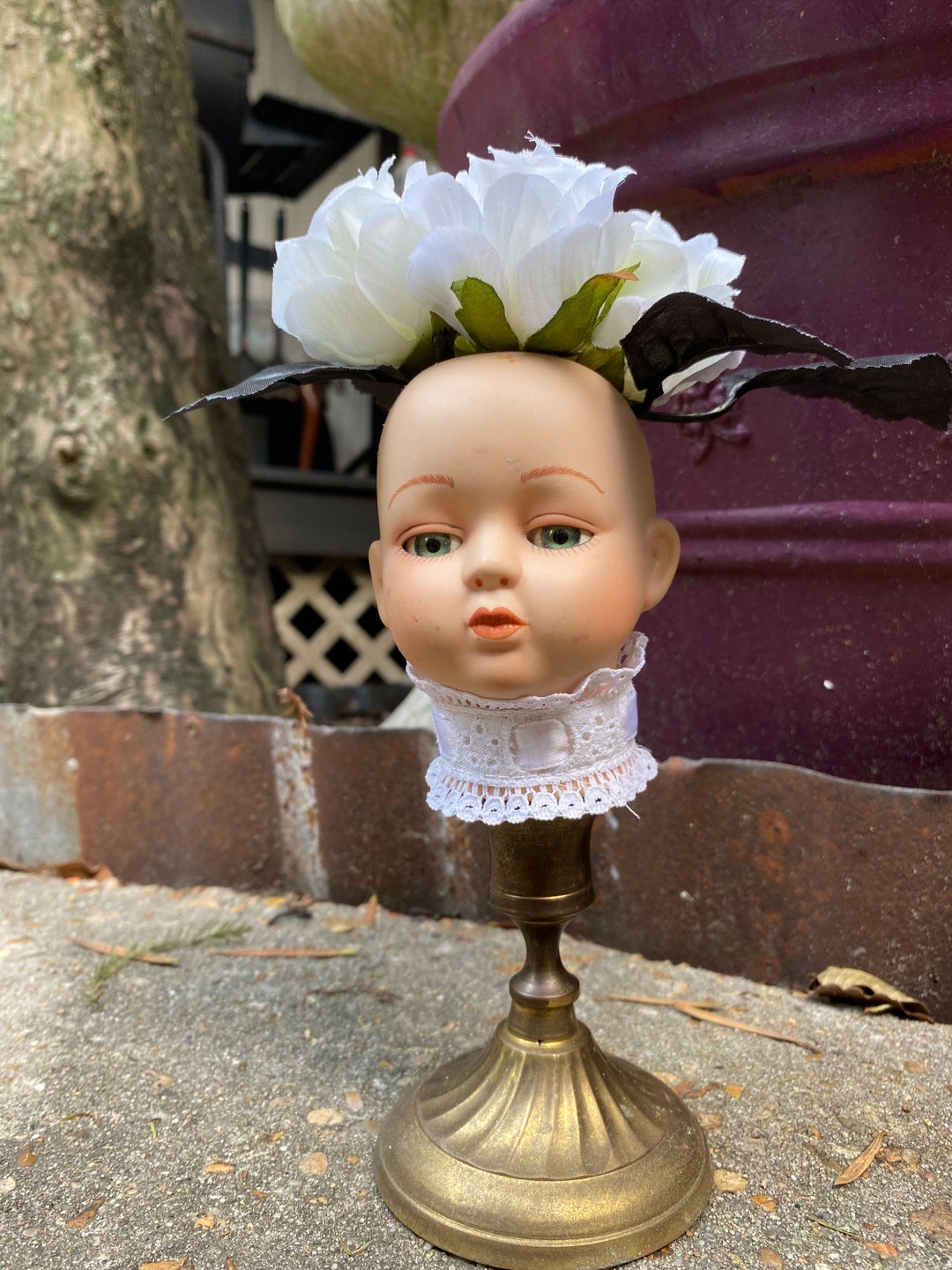 Victorian Style Doll Head Art Planter Brass Ceramic Lace Roses Etsy