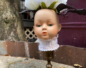 Victorian style doll head art planter brass ceramic lace roses