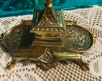 Vintage heavy ornate brass  ink well Victorian style - no insert