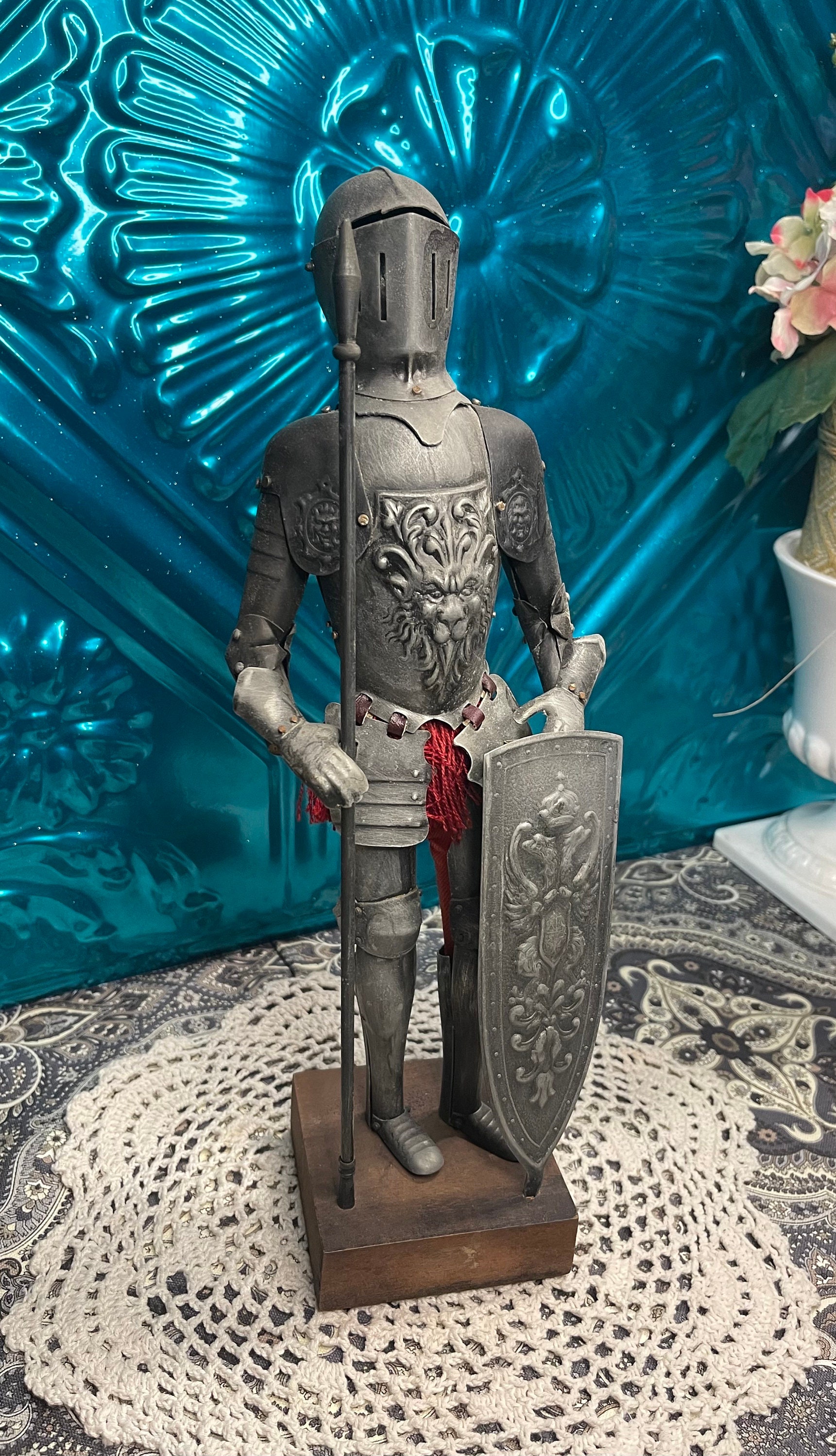Vintage Metal Knight Suit of Armor 13 Inch Statue on Wood