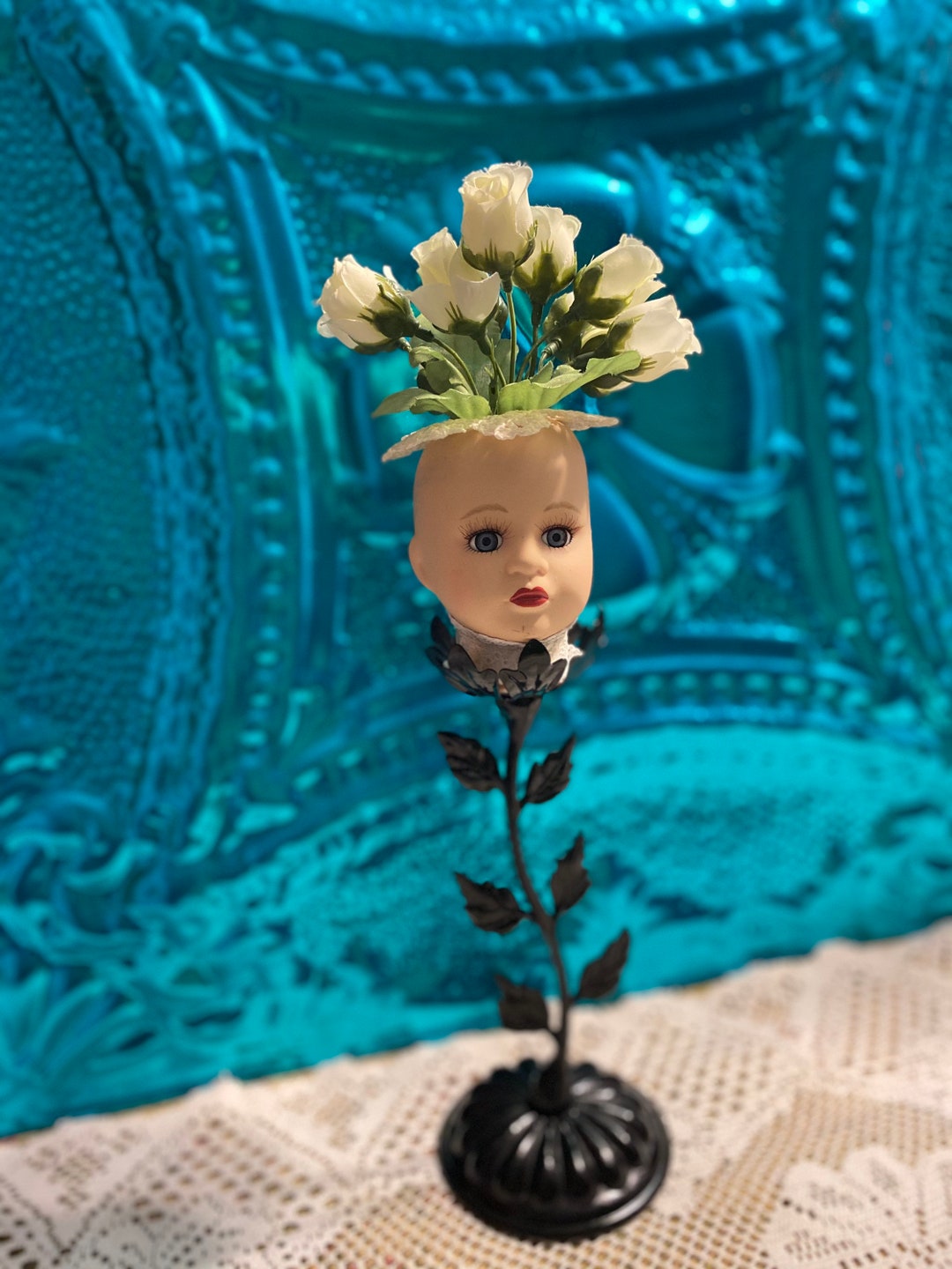 Ceramic Doll Head on Vintage Black Painted Candleholder Base With Lace