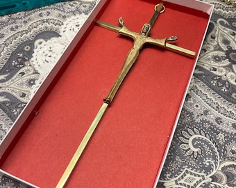 Vintage brass crucifix with metal Jesus wall hanging in original aged box