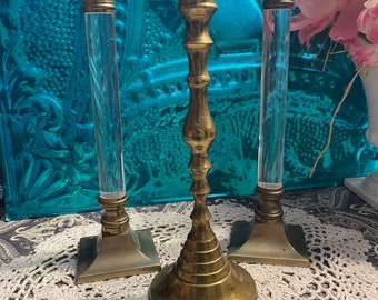 Vintage brass and clear column candlestick holders lot of 3 not matching - aged