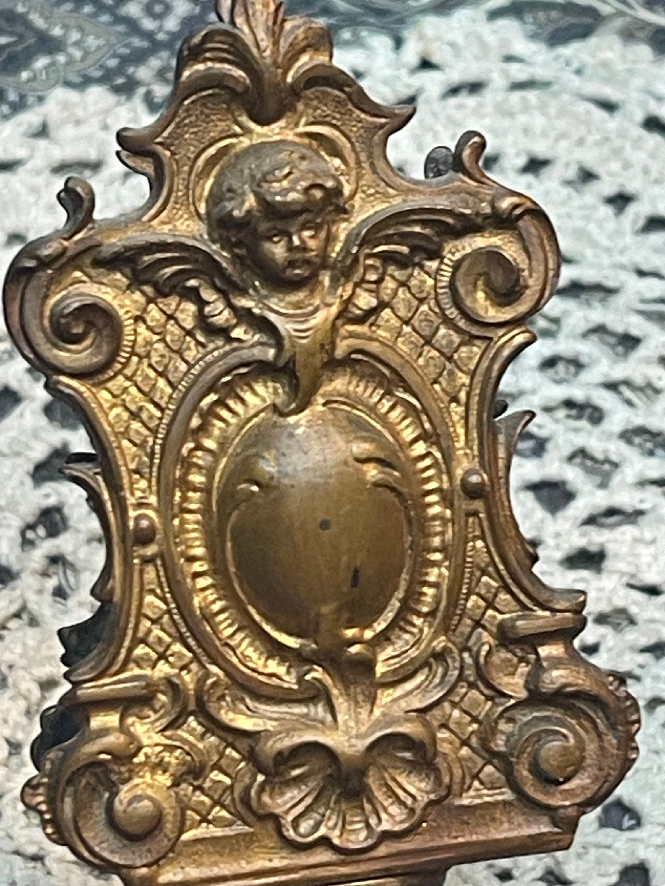 Antique Ornate Brass or Gilded Metal Cherub Matchbox Holder