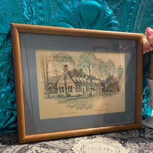 Vintage framed matted aged print of tavern in Virginia