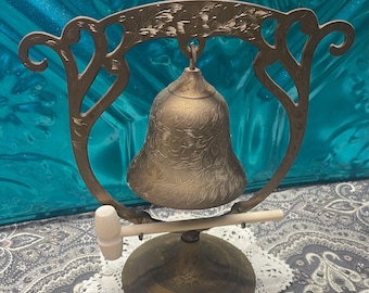 Vintage etched brass gong with replaced wood mallet - aged