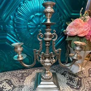 Vintage heavy 7 lbs ornate silver tone candelabra- aged