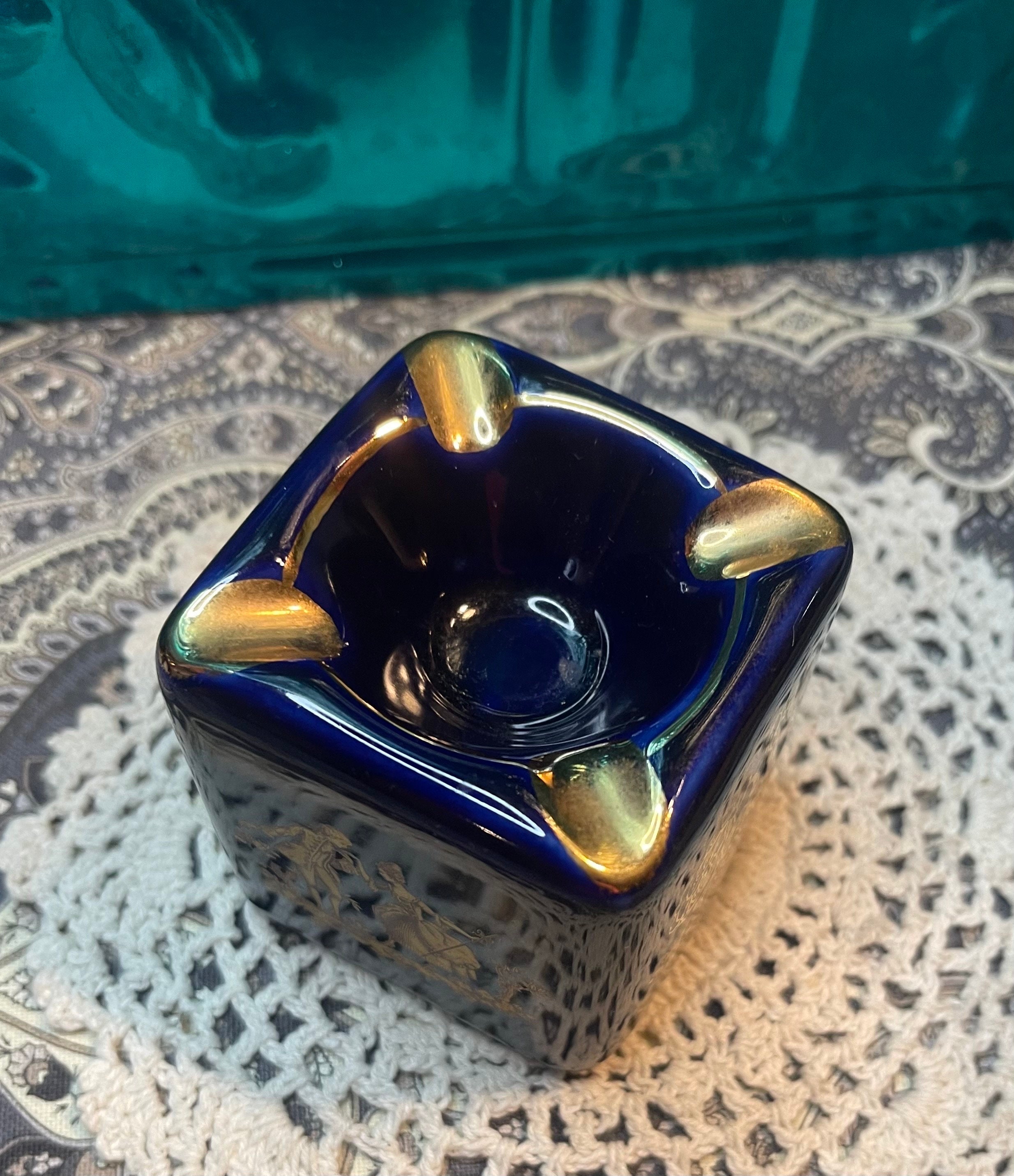 Vintage Small Porcelain Cube Ashtray-made in France - Blue and