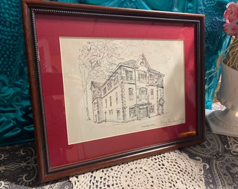 Vintage framed matted signed print of drawing - building in Pennsylvania