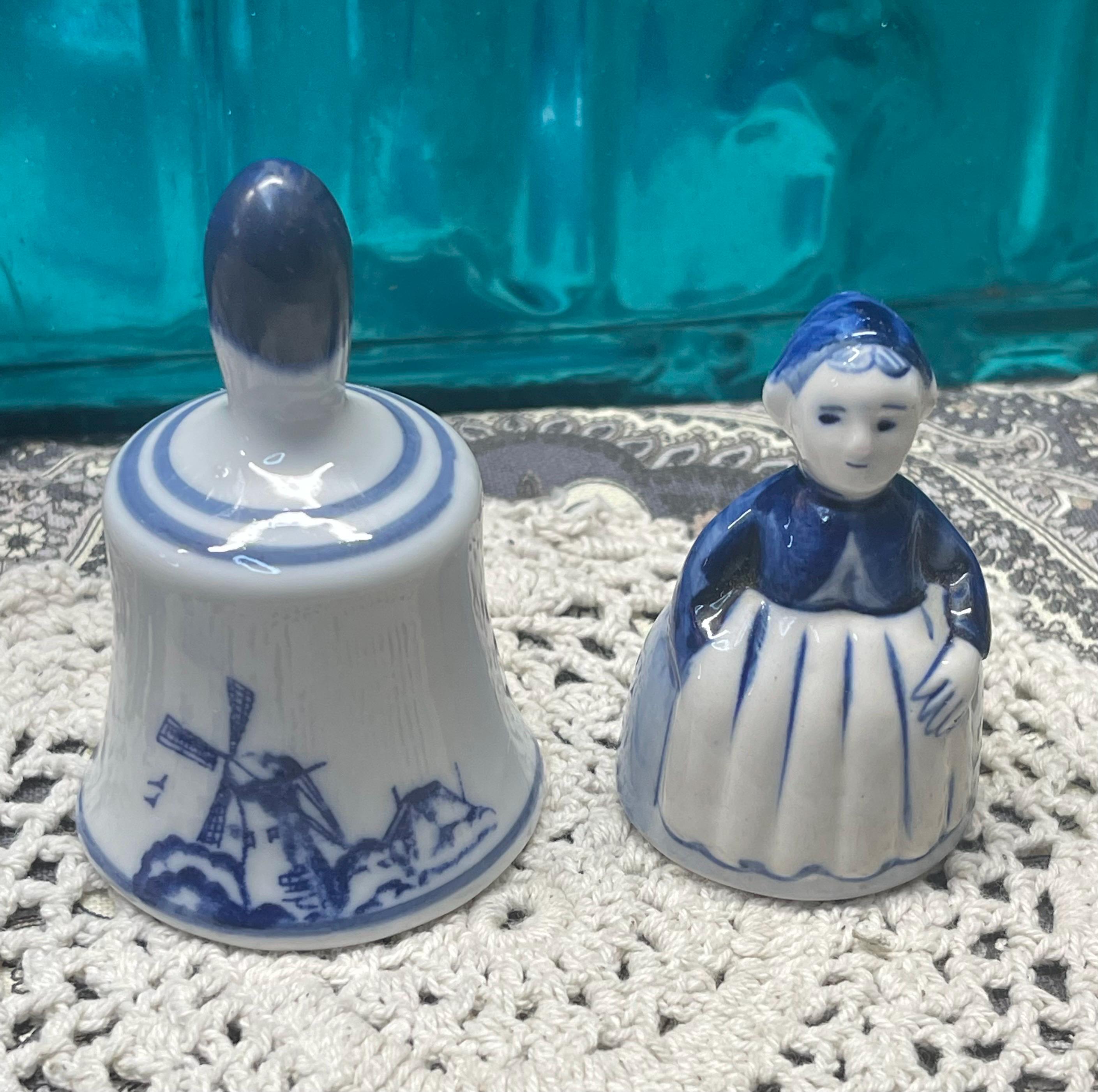 Vintage Set of 2 Small Ceramic Blue and White Holland Bells- Lady