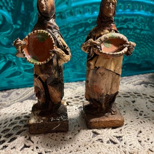 Vintage paper mache folk art m woman with bowl statue figurine - set of 2 - some wear