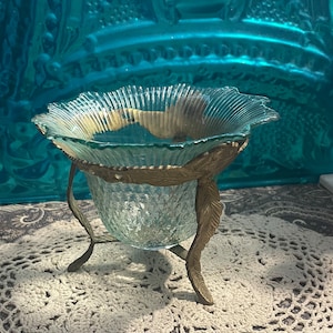 Vintage brass rose leaf design stand with optional unique glass bowl