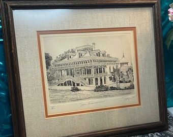 Vintage framed signed numbered print of etching- San Francisco in aged wood frame