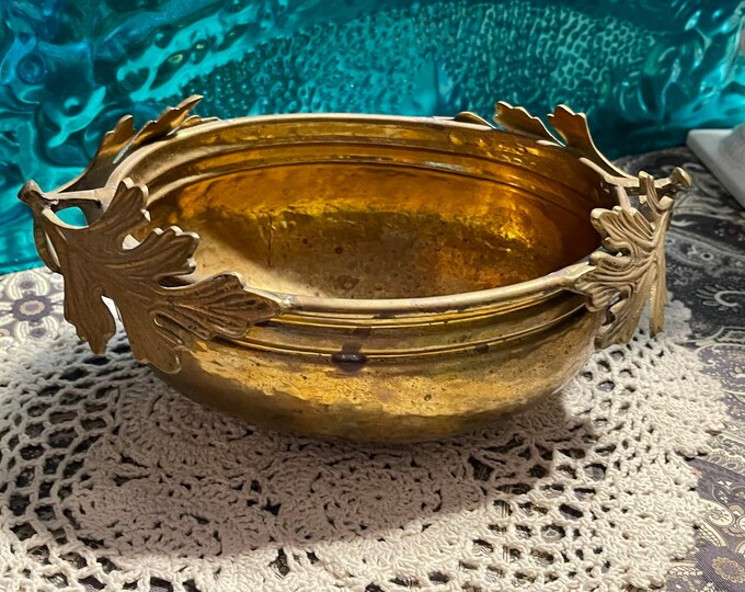 Vintage Hammered Brass Bowl Planter With Leaf Detail Aged Etsy