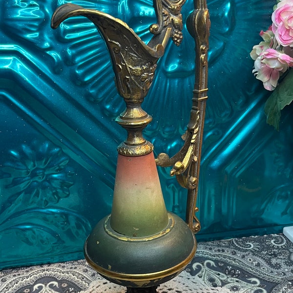 Antique or vintage ornate heavy decorative metal water vessel- ewer - decor - aged