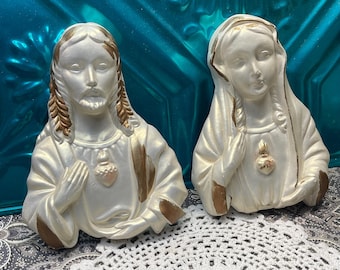 Vintage Mary immaculate heart and Jesus sacred heart chalk ware or plaster wall plaques - set of 2- some wear