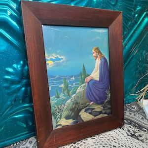 Vintage framed embossed Jesus print in aged wood frame- clearly showing its age