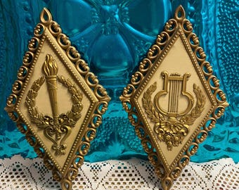 Vintage diamond shaped plastic wall plaques Victorian style set of 2 - aged