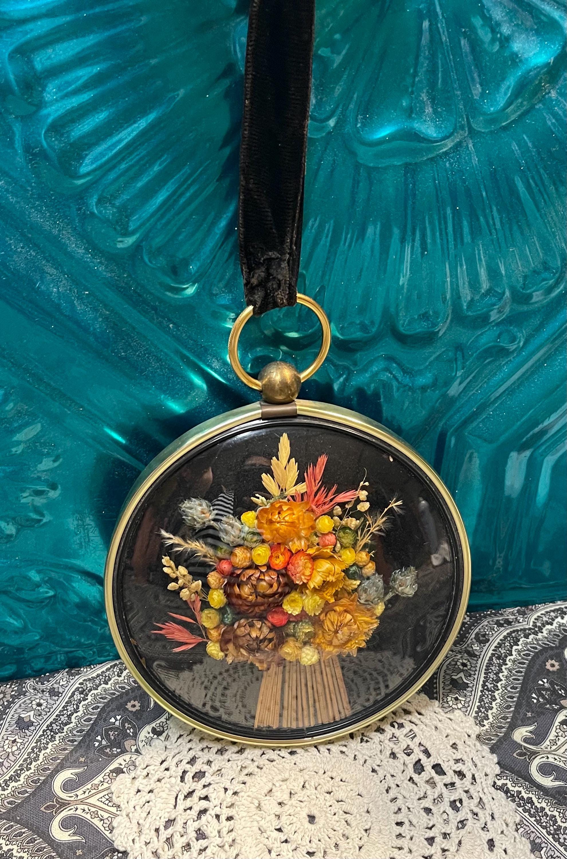 Vintage Dome Glass Convex Frame With Dried Flowers on Velvet