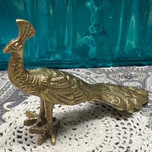 Vintage gold tone metal peacock statue- figurine