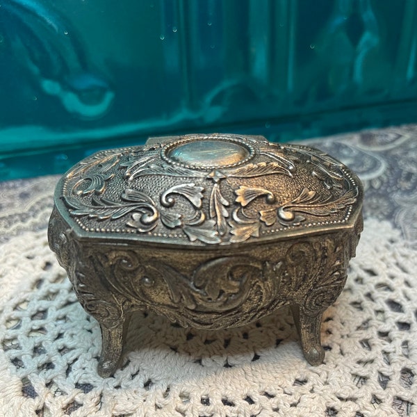 Vintage small ornate footed lined silver plated or silver tone jewelry box - heavy patina- aged