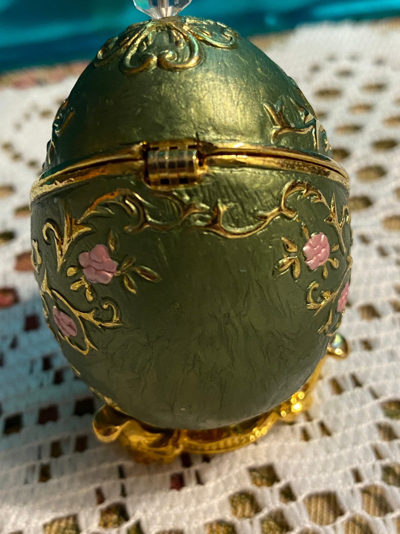 Vintage enameled metal egg trinket box on stand with roses Etsy
