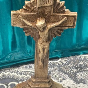 vintage small wood look composite material standing or hanging crucifix- Altar crucifix