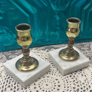 Vintage brass or brass tone candlesticks on marble base set of 2- aged - wear