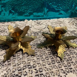 Vintage brass candlestick holder Holly leaf set of 2