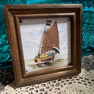 Vintage small wood framed painted tile -French sailboat