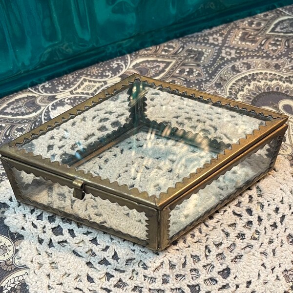 Vintage small diamond shaped brass and glass vanity box, jewelry box, trinket box
